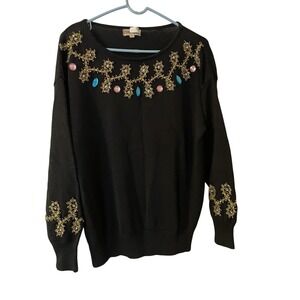 L ERU VIVE Black‎ Embellished Beaded Jewel Crew Neck Sweater Size L